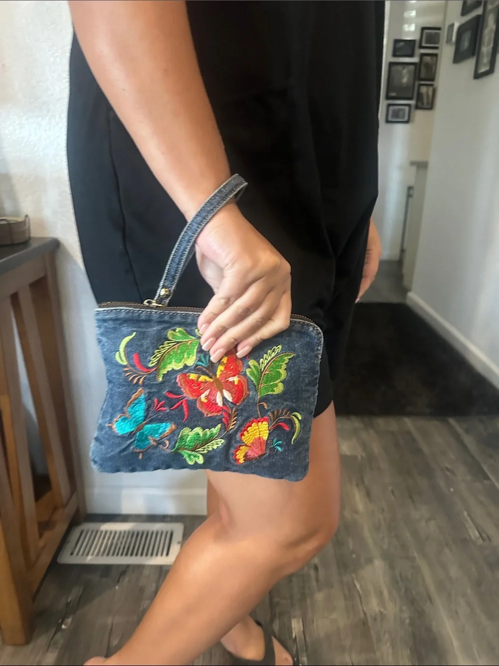 Patricia Nash Denim Wristlet with Multicolor Floral Embroidery